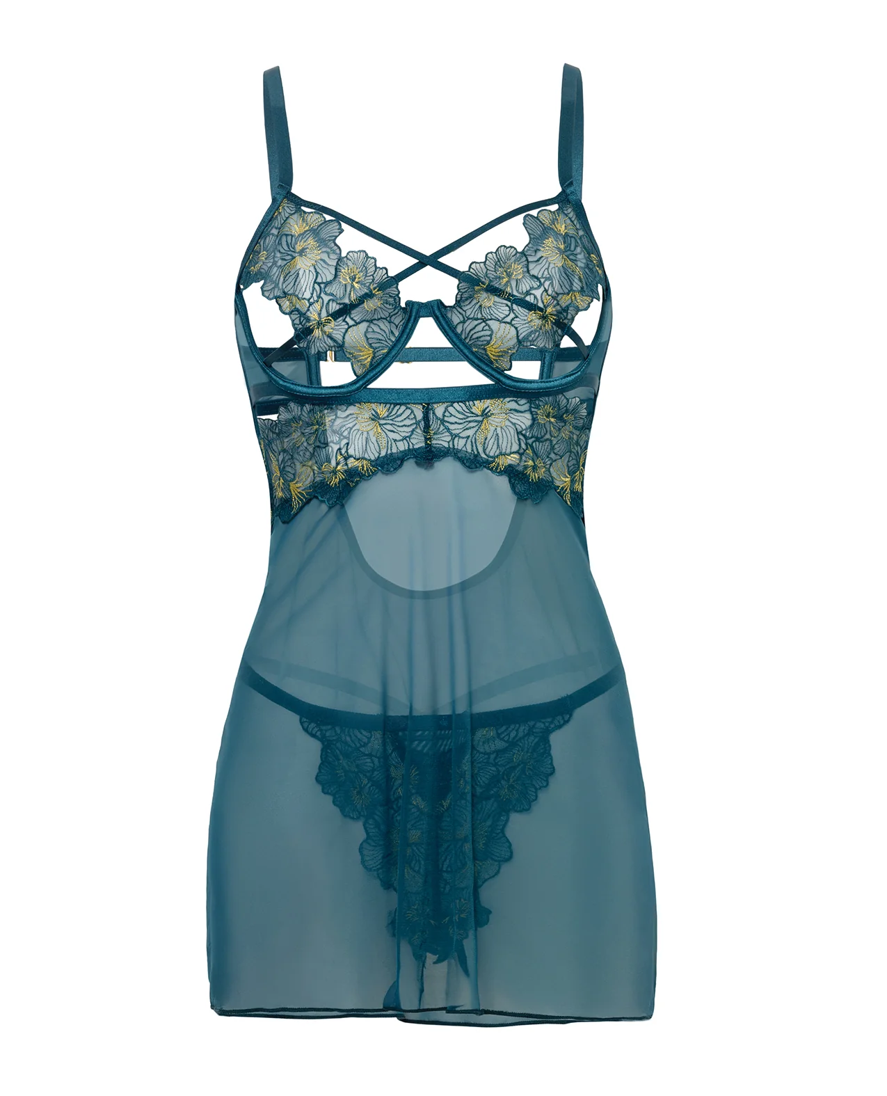 Daphne Lace & Mesh Babydoll w/Embroidered Details & Crossing Elastics - Blue LG - Image 5