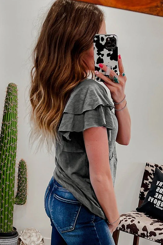 Dark Grey Ruffle Sleeve Plain Blouse - Image 2