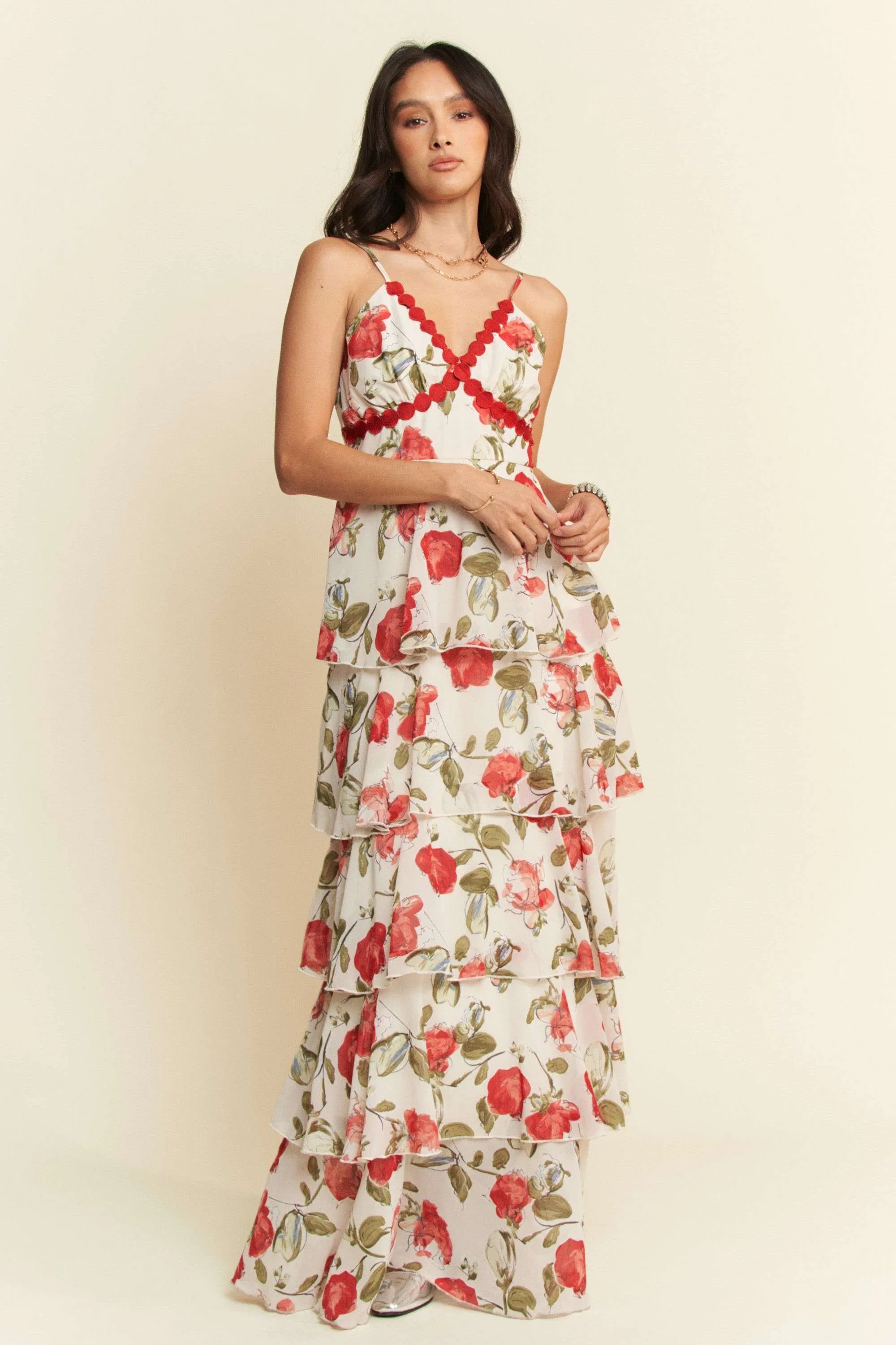 Davi & Dani Contrast Ring Lace Layered Ruffle Maxi Cami Dress - Image 2