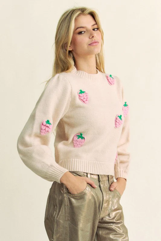 Davi & Dani Crochet Strawberry Round Neck Sweater - Image 3