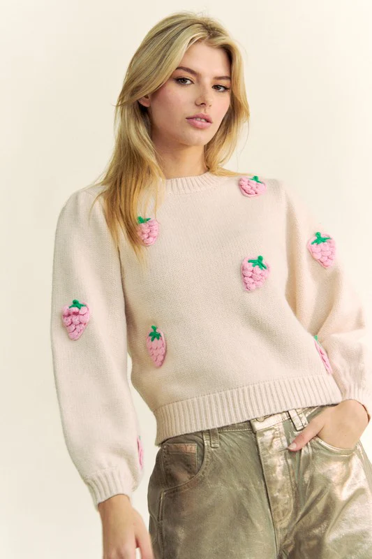 Davi & Dani Crochet Strawberry Round Neck Sweater - Image 5