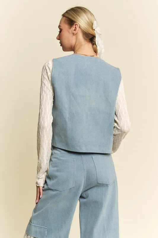 Davi & Dani Lace Patch Open Front Denim Vest - Image 2