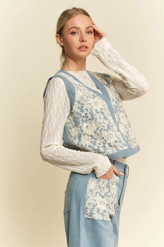 Davi & Dani Lace Patch Open Front Denim Vest - Image 3