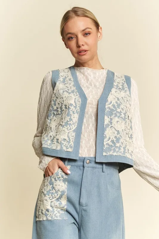 Davi & Dani Lace Patch Open Front Denim Vest - Image 4