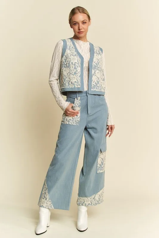 Davi & Dani Lace Patch Open Front Denim Vest - Image 6