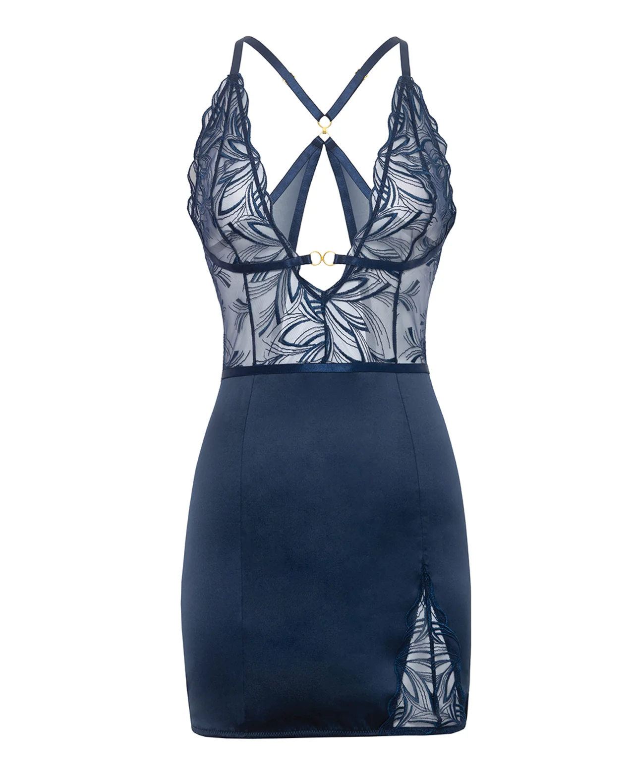 Davina V-Plunge Embroidered Babydoll w/Double Ring Charm - Navy XL - Image 5
