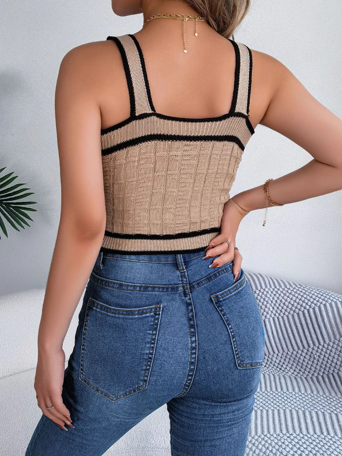 Decorative Button Wide Strap Knit Cami - Image 2