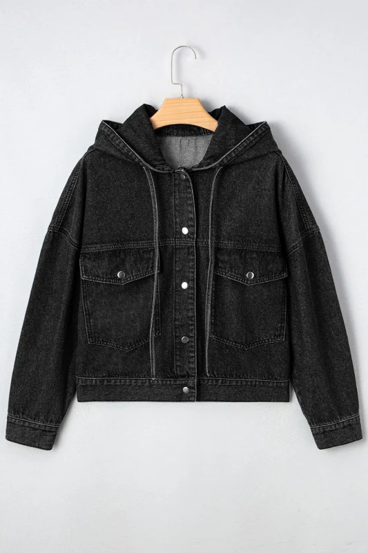 Denim Chest Pocket Drop Shoulder Hooded Jacket - Image 6