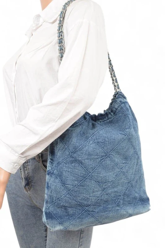 Denim Quilted Large Shoulder Bag - Image 6