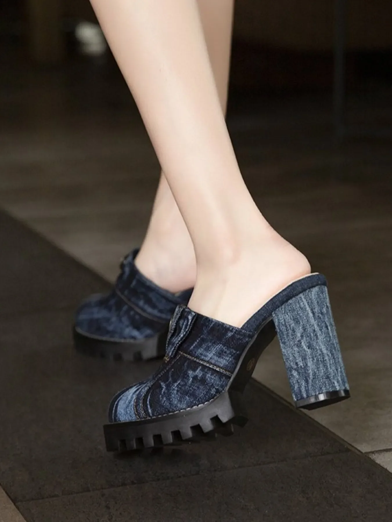 Denim Round Toe Block Heels Sandals - Image 3