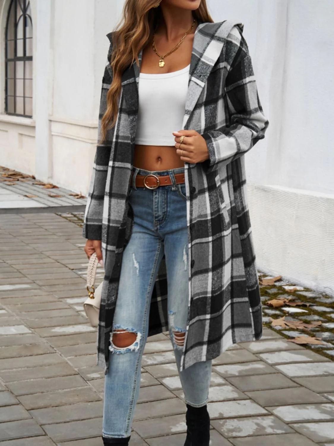 Devine Plaid Long Sleeve Hooded Coat - Image 11