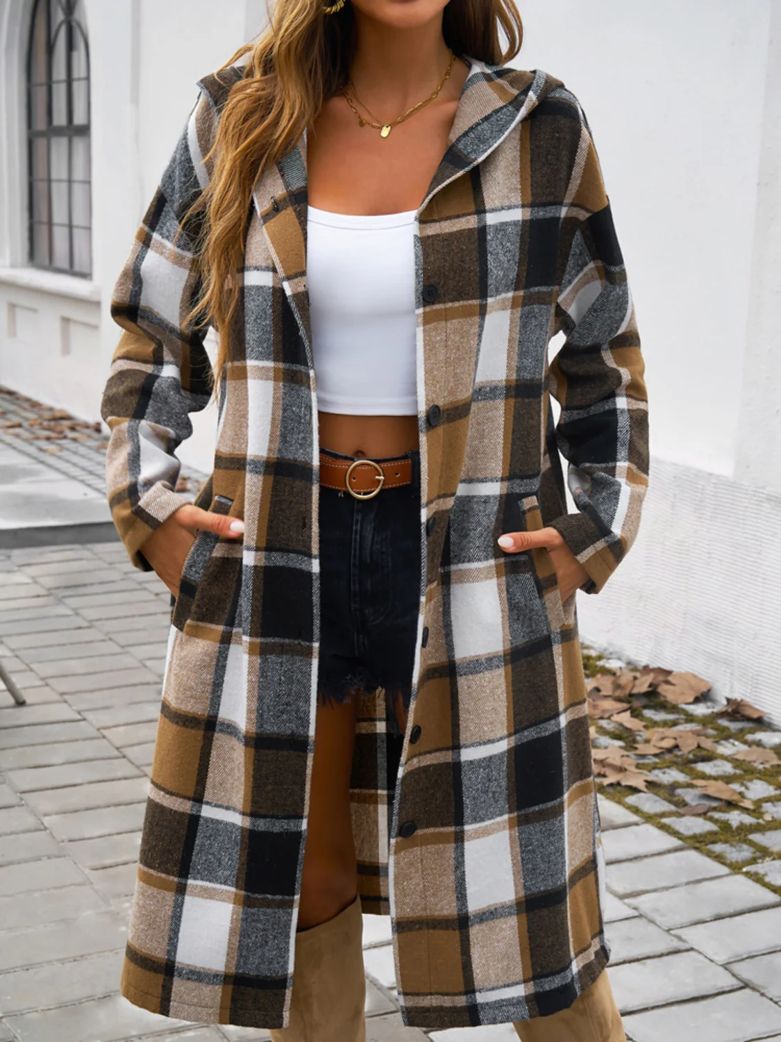 Devine Plaid Long Sleeve Hooded Coat - Image 13