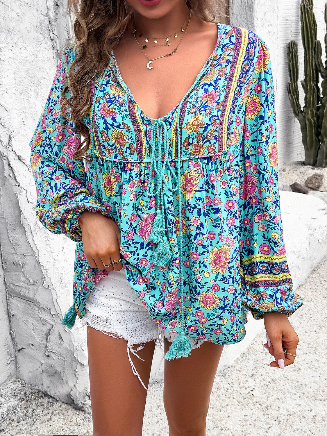 Devine Printed Tie Neck Long Sleeve Blouse - Image 13