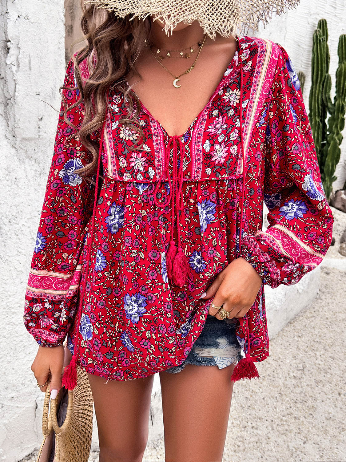 Devine Printed Tie Neck Long Sleeve Blouse - Image 9