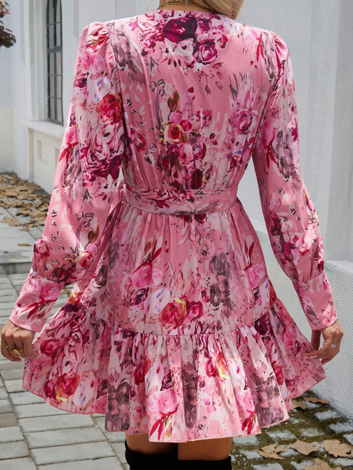 Devine Ruffled Printed Surplice Long Sleeve Mini Dress - Image 2