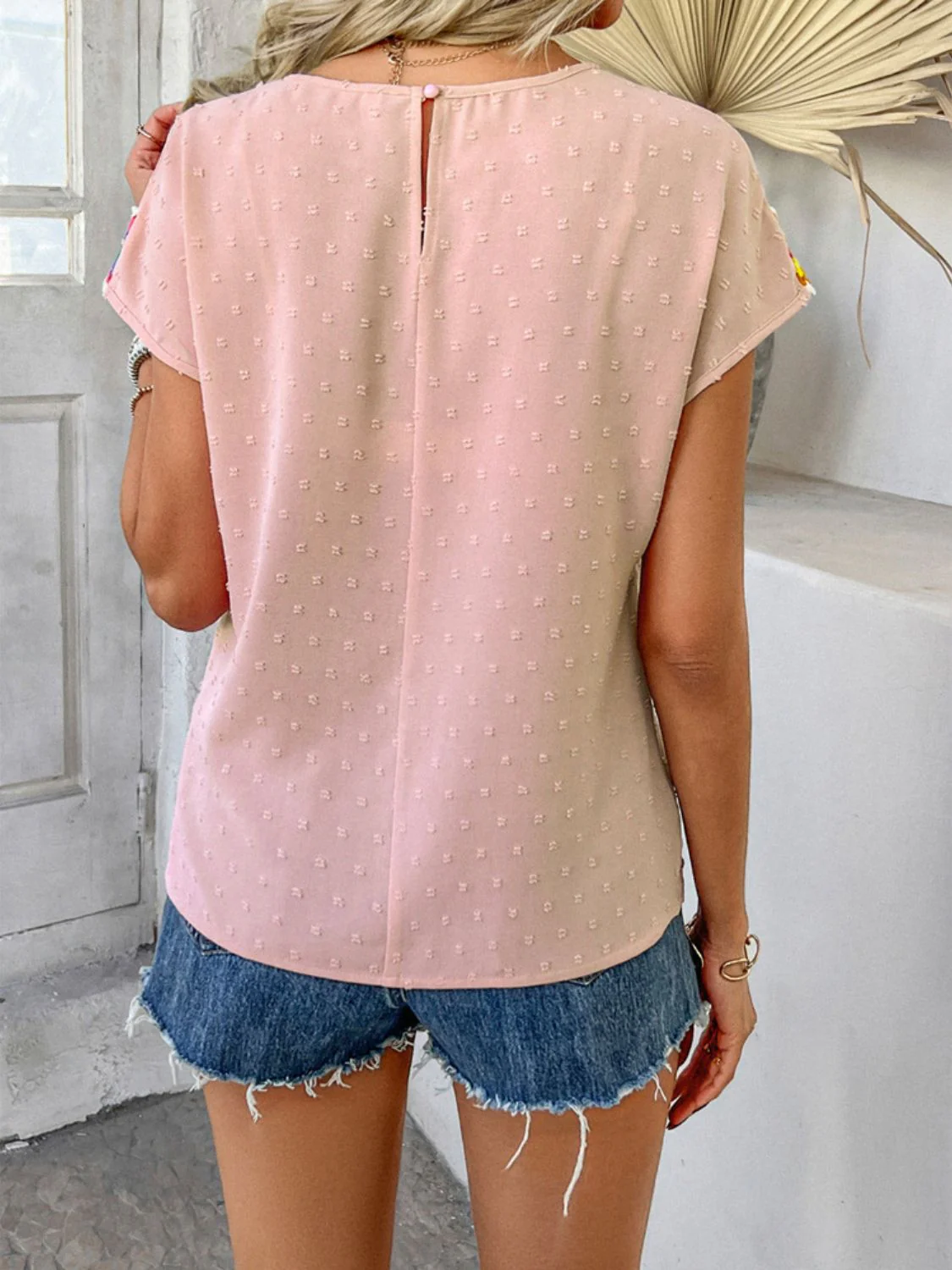 Devine Swiss Dot Round Neck Crochet Short Sleeve Top - Image 10