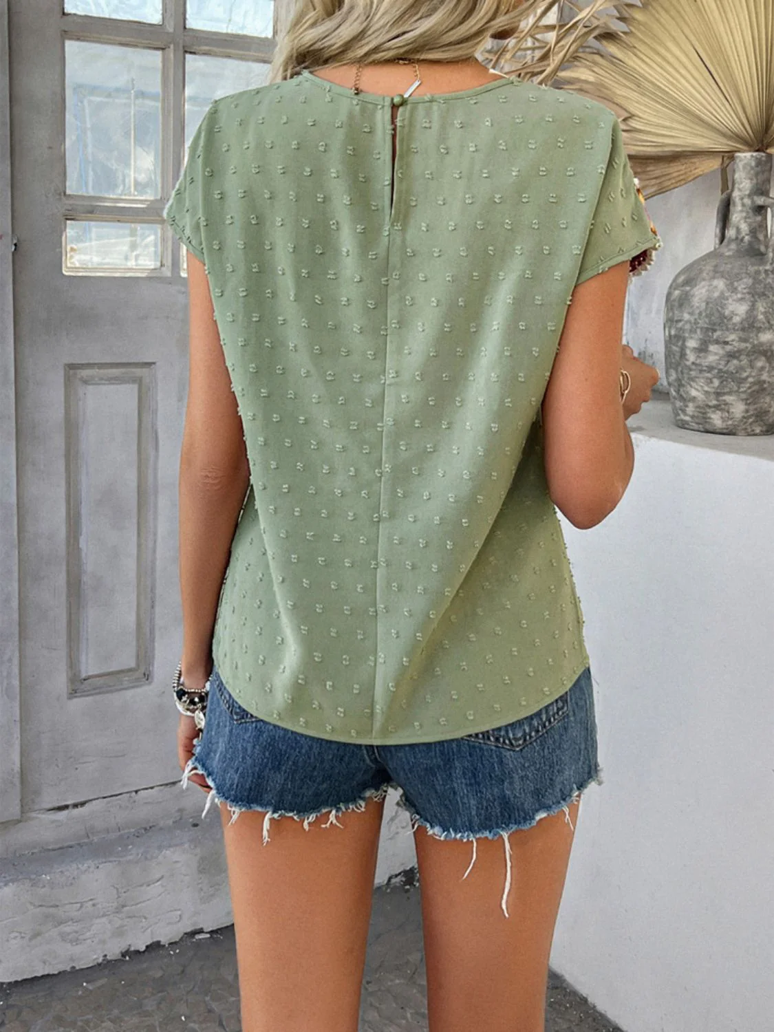 Devine Swiss Dot Round Neck Crochet Short Sleeve Top - Image 16