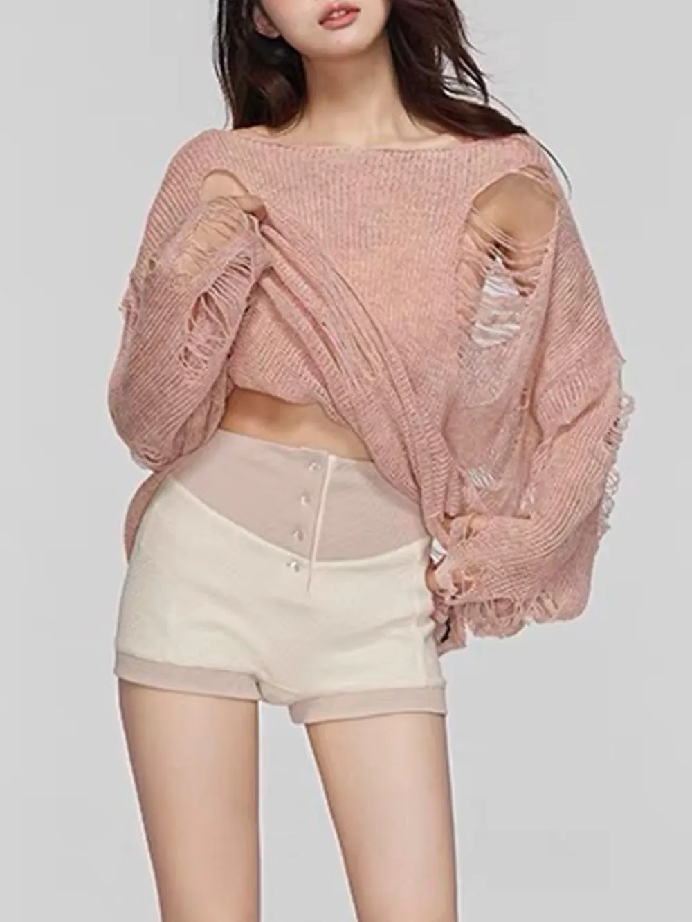 Distressed Boat Neck Knit Cover Up - Image 2