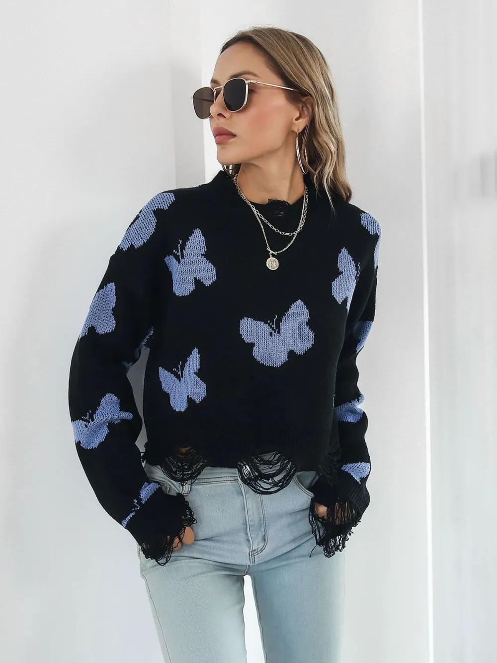 Distressed Butterfly Cropped Sweater - Image 11