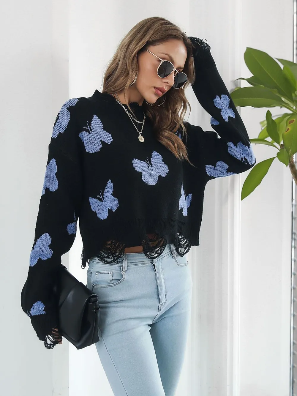 Distressed Butterfly Cropped Sweater - Image 12