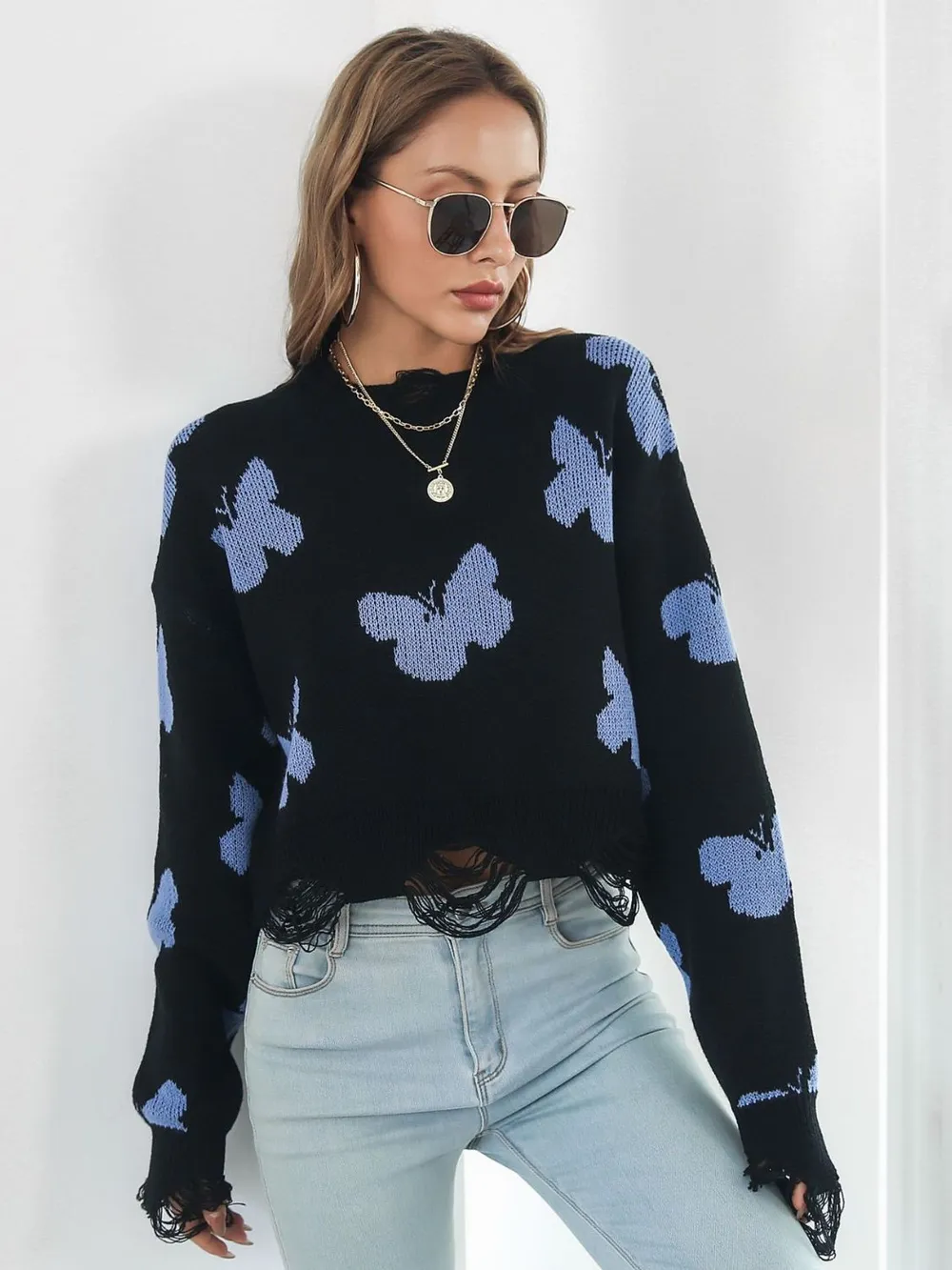 Distressed Butterfly Cropped Sweater - Image 13