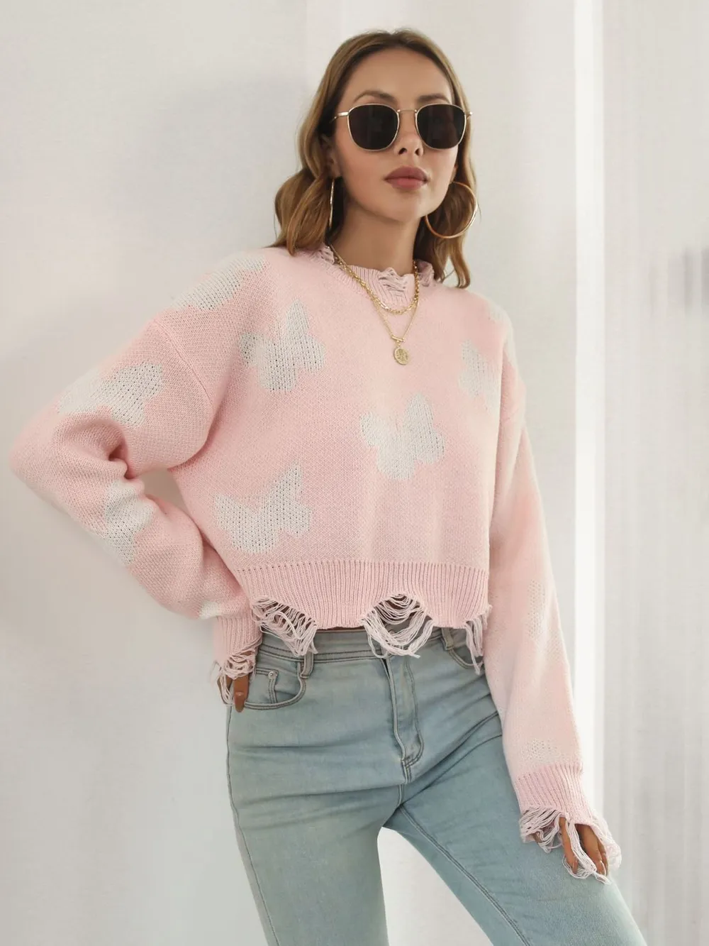 Distressed Butterfly Cropped Sweater - Image 18