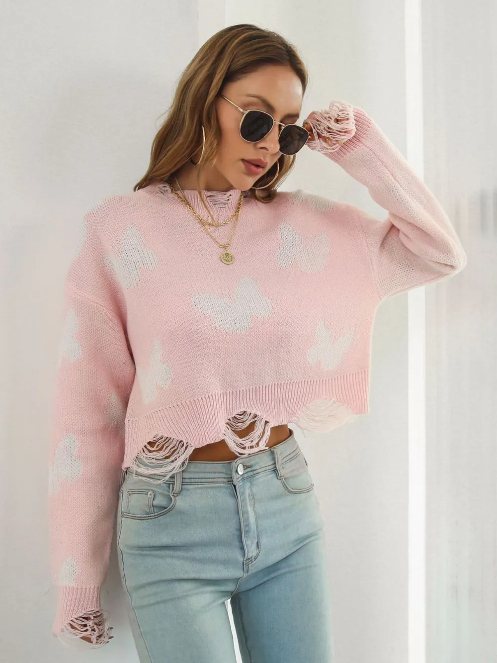 Distressed Butterfly Cropped Sweater - Image 19