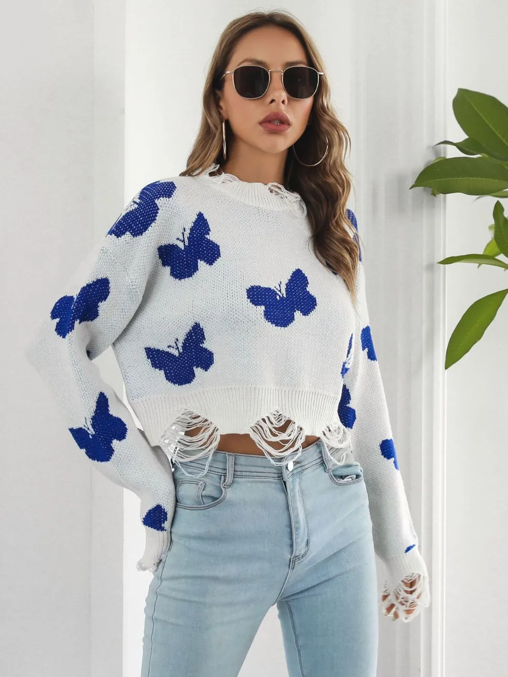 Distressed Butterfly Cropped Sweater - Image 2