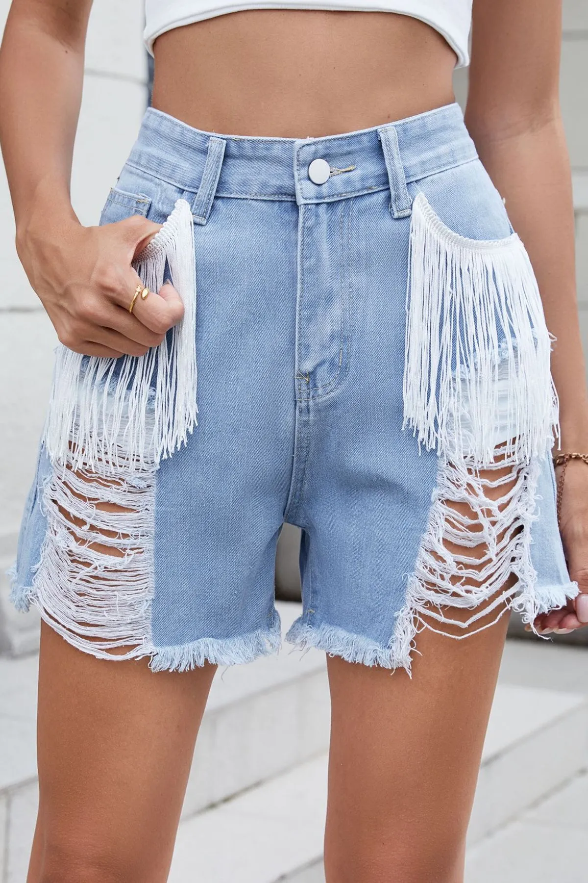 Distressed Fringe Denim Shorts - Image 3