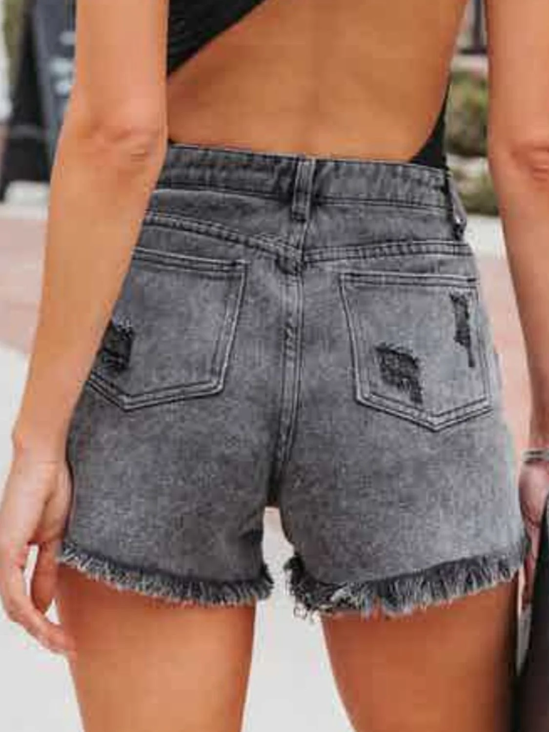 Distressed Fringe Denim Shorts with Pockets - Image 2