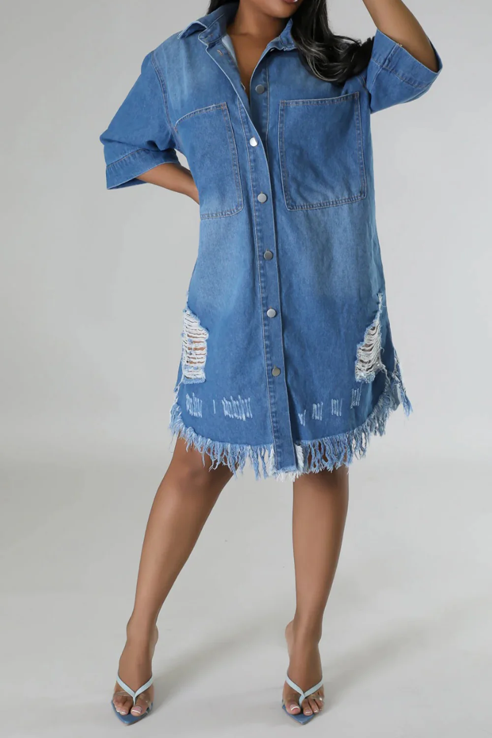 Distressed Raw Hem Button Up Denim Dress - Image 10