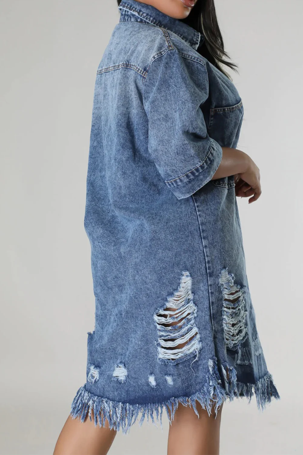 Distressed Raw Hem Button Up Denim Dress - Image 4