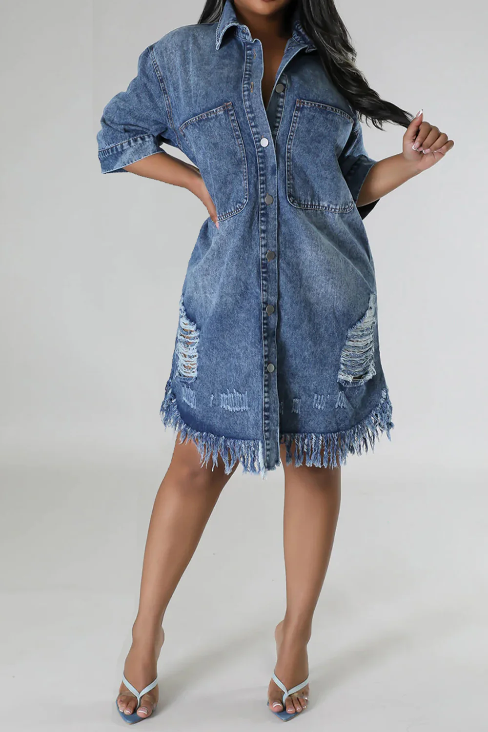 Distressed Raw Hem Button Up Denim Dress - Image 7