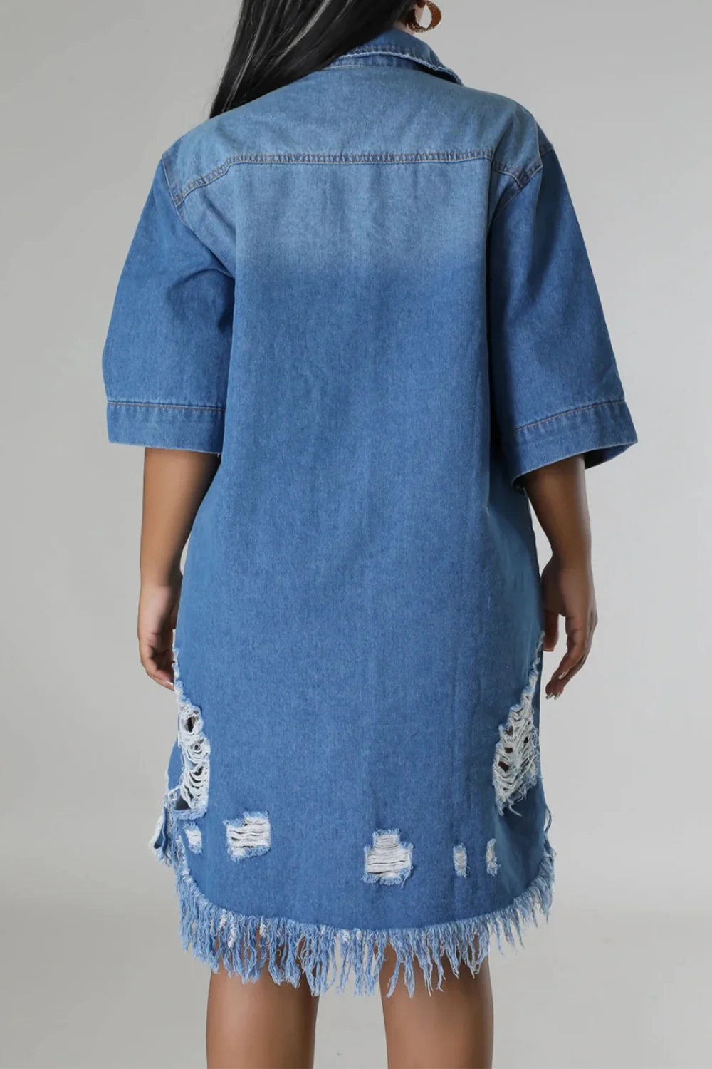 Distressed Raw Hem Button Up Denim Dress - Image 9