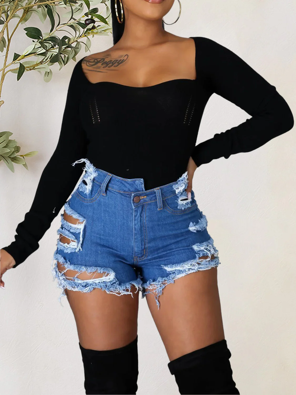 Distressed Raw Hem Denim Shorts with Pockets - Image 2