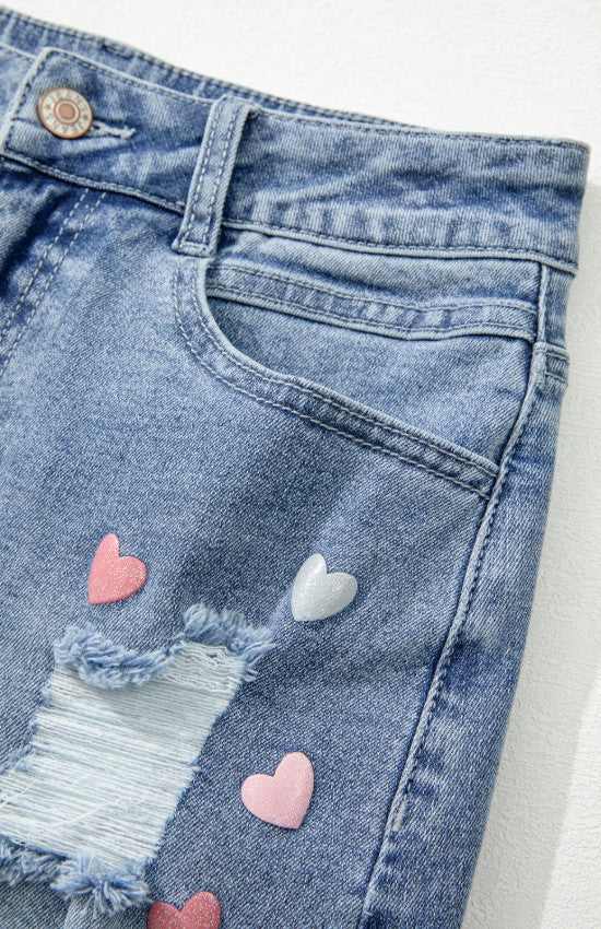 Distressed Raw Hem Heart Denim Skirt - Image 5
