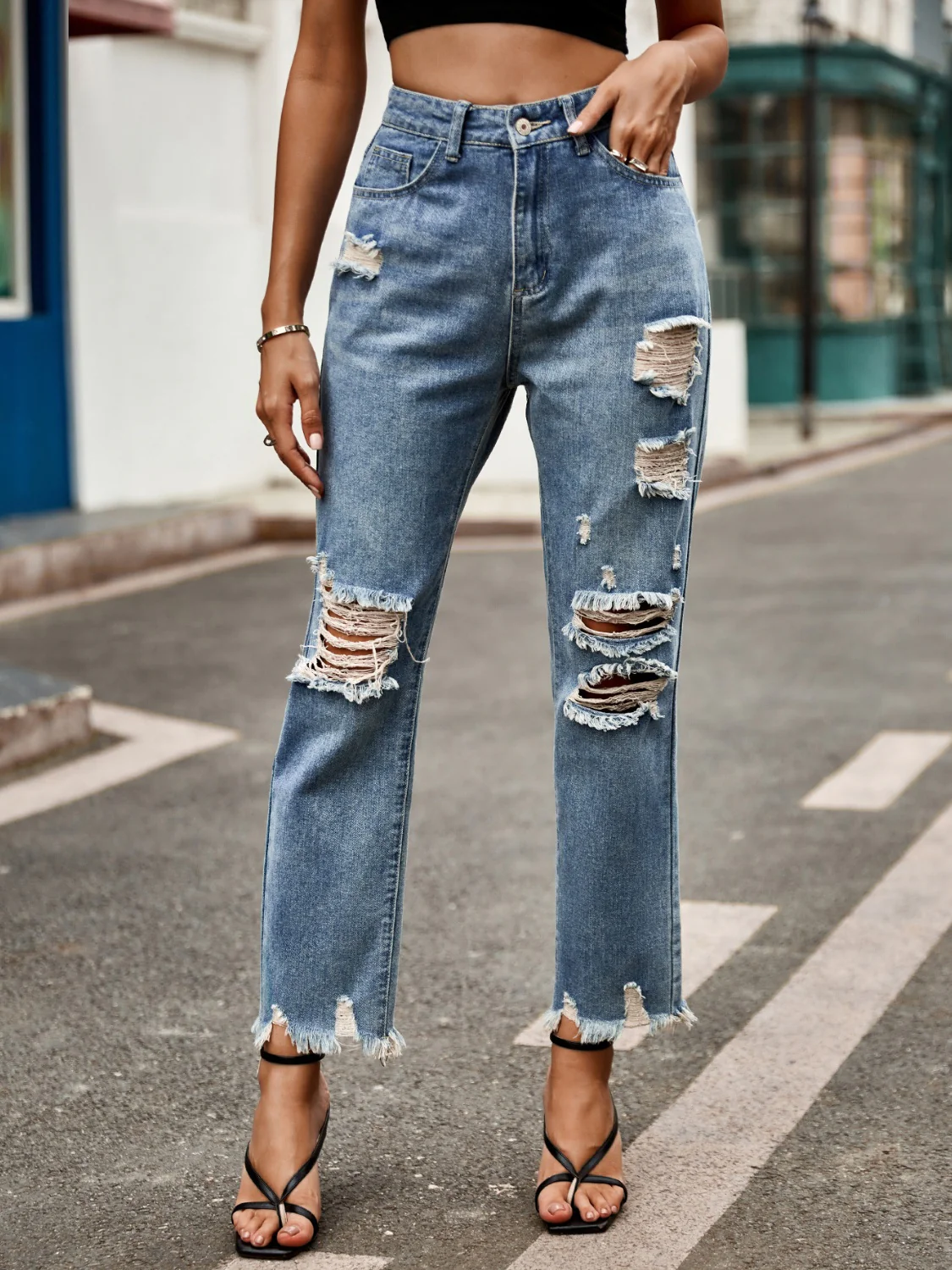 Distressed Raw Hem Jeans with Pockets - Image 3