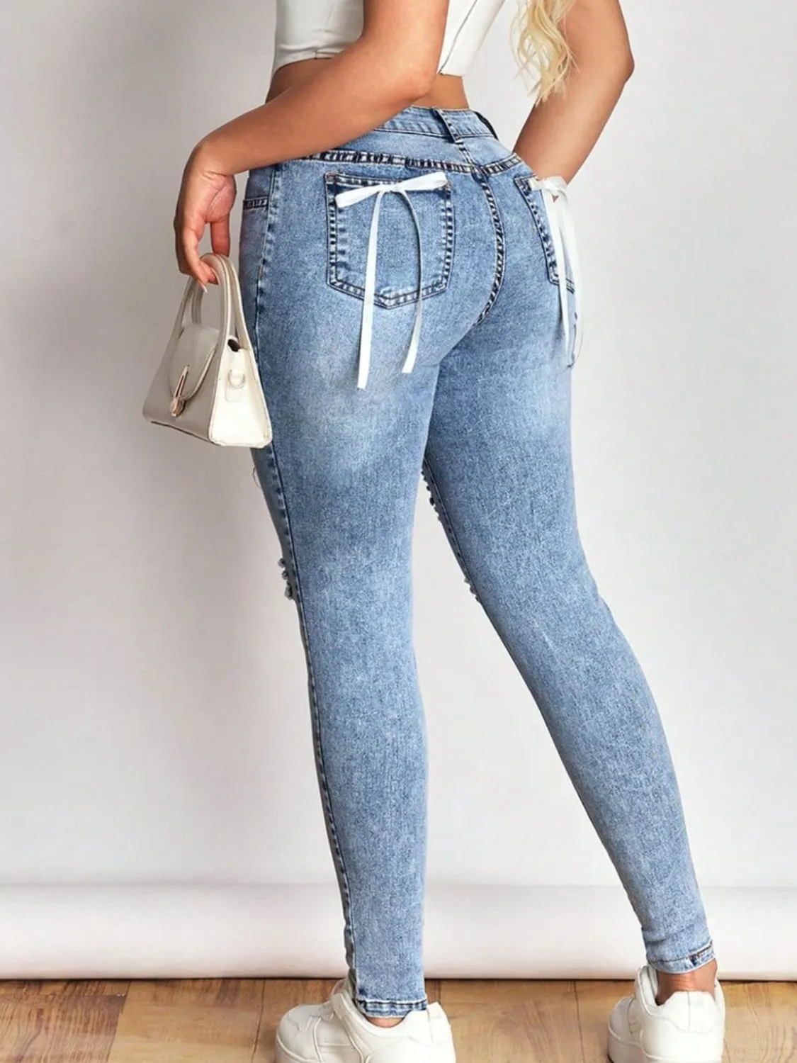 Distressed Skinny Jeans with Bow Back - Image 5