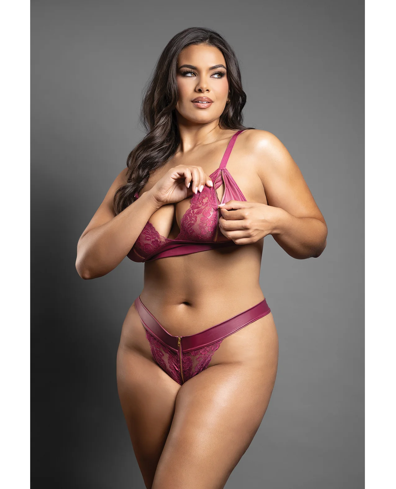 Domina Lace Bralette & Panty in Leatherette w/Zipper Detail - Berry QN - Image 2