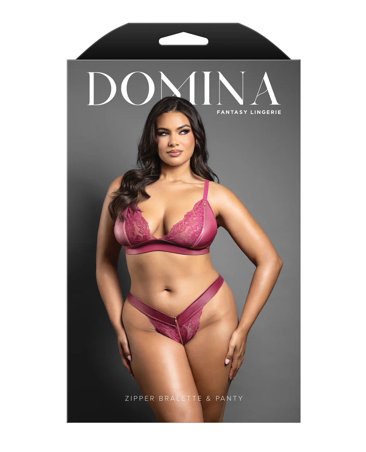 Domina Lace Bralette & Panty in Leatherette w/Zipper Detail - Berry QN - Image 4