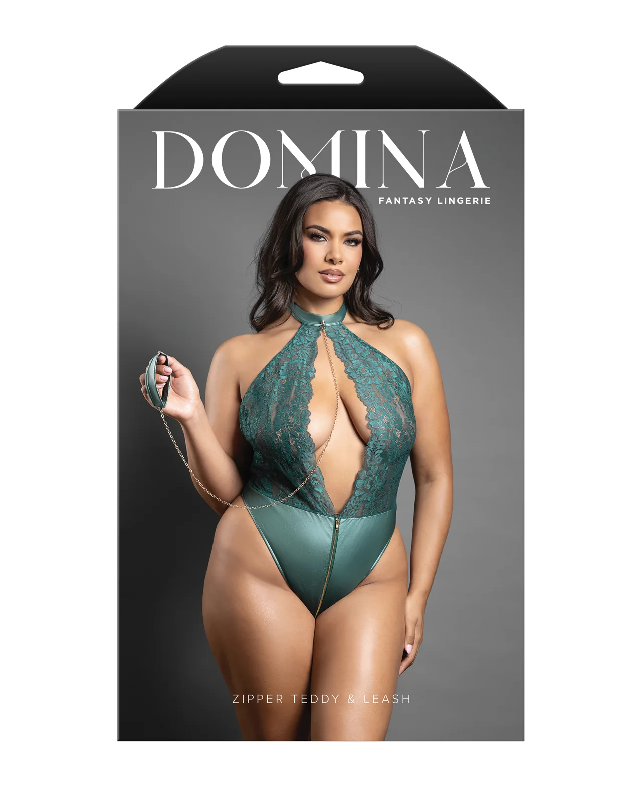 Domina Lace Halter Teddy w/Zipper Detail & Detachable Chain-Link Leash - Green QN - Image 3