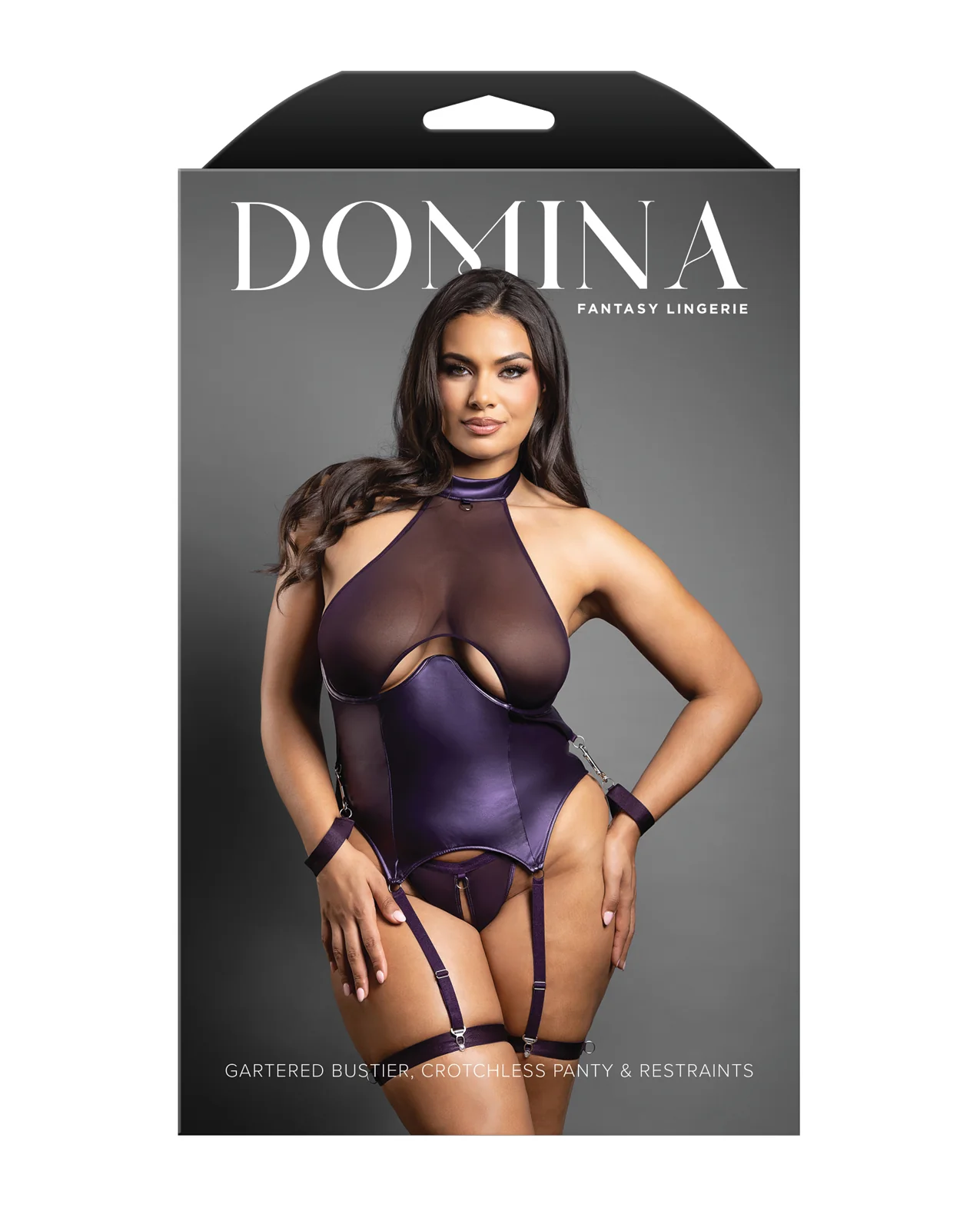 Domina Mesh Gartered Bustier & Crotchless panty Set w/Restraints - Purple QN - Image 3