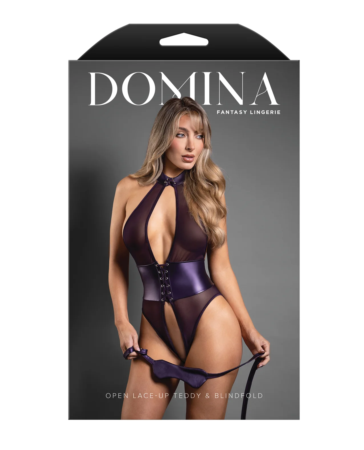 Domina Open Halter Teddy in Mesh & Leatherette w/Matching Blindfold - Purple L/XL - Image 4