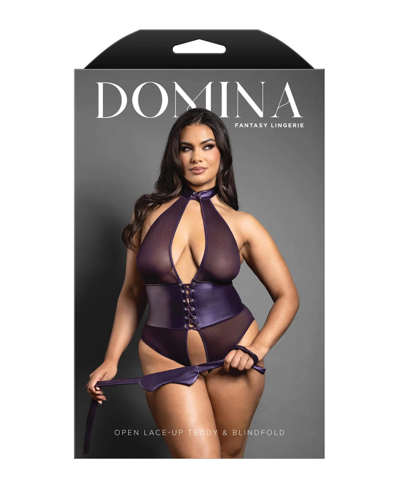 Domina Open Halter Teddy in Mesh & Leatherette w/Matching Blindfold - Purple QN - Image 4