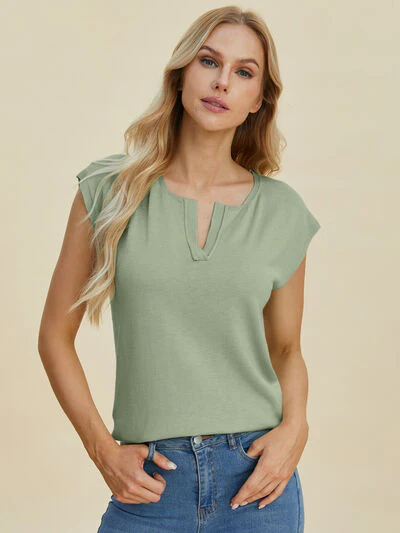 Double Take Full Size Notched Cap Sleeve Knit Top - Image 10