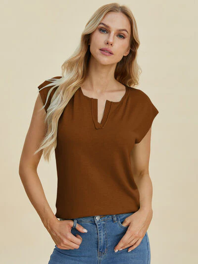Double Take Full Size Notched Cap Sleeve Knit Top - Image 3