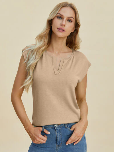 Double Take Full Size Notched Cap Sleeve Knit Top - Image 5