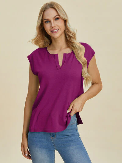 Double Take Full Size Notched Cap Sleeve Knit Top - Image 8