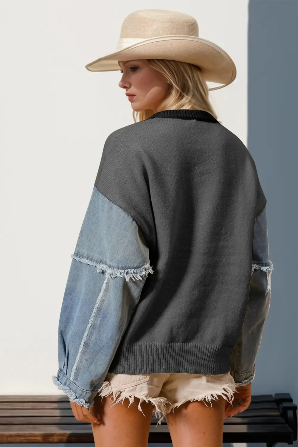 Double Take Full Size Star Pattern Raw Edge Long Sleeve Sweater - Image 2
