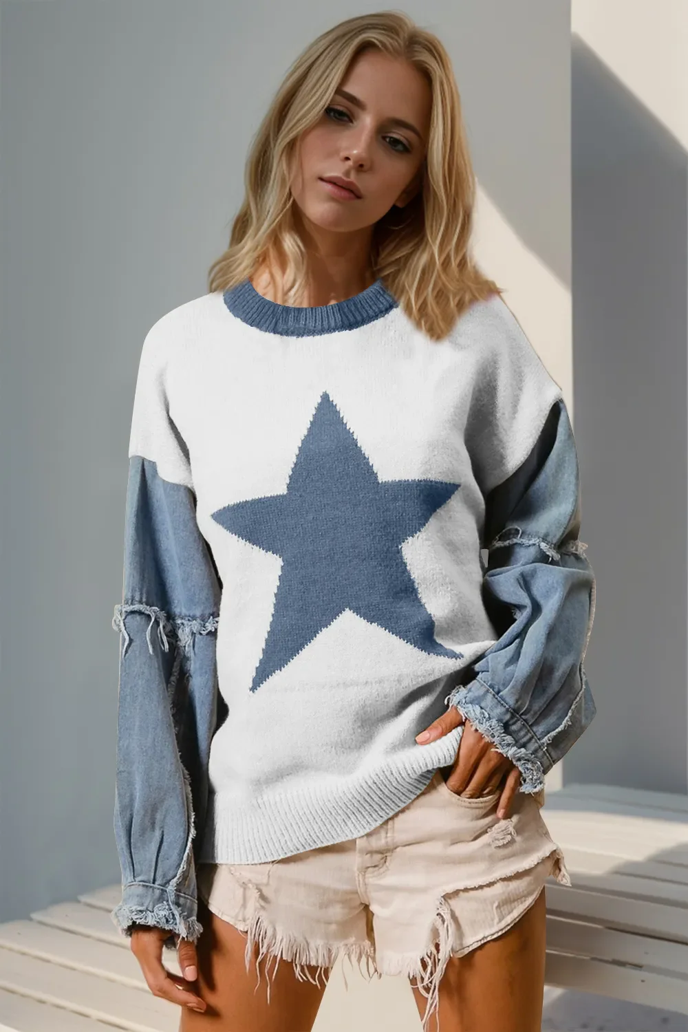 Double Take Full Size Star Pattern Raw Edge Long Sleeve Sweater - Image 3